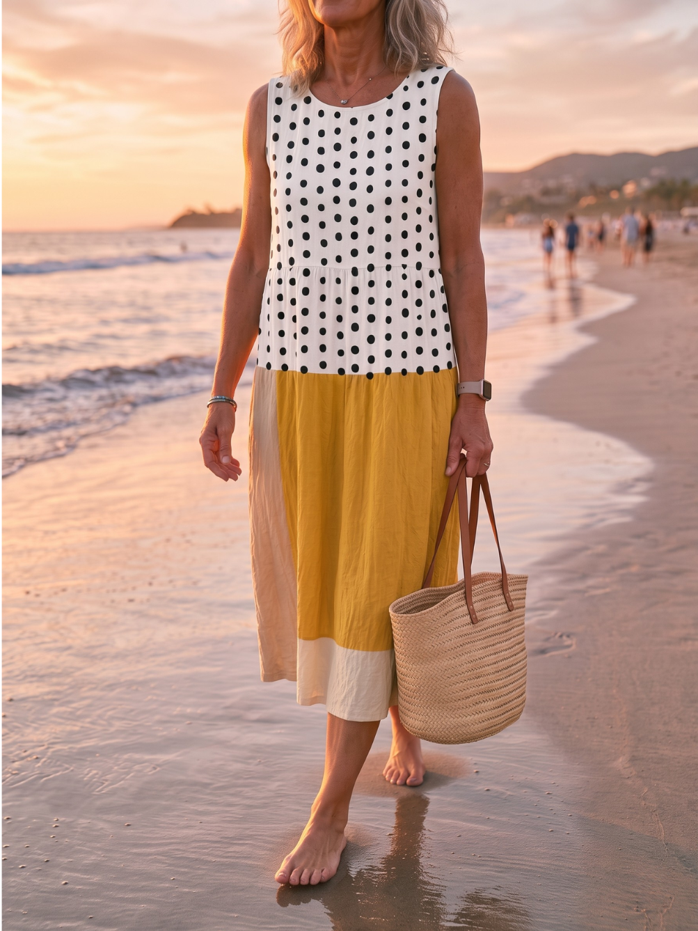 Polka Dot Color Block Sleeveless Scoop Neck Midi Dress