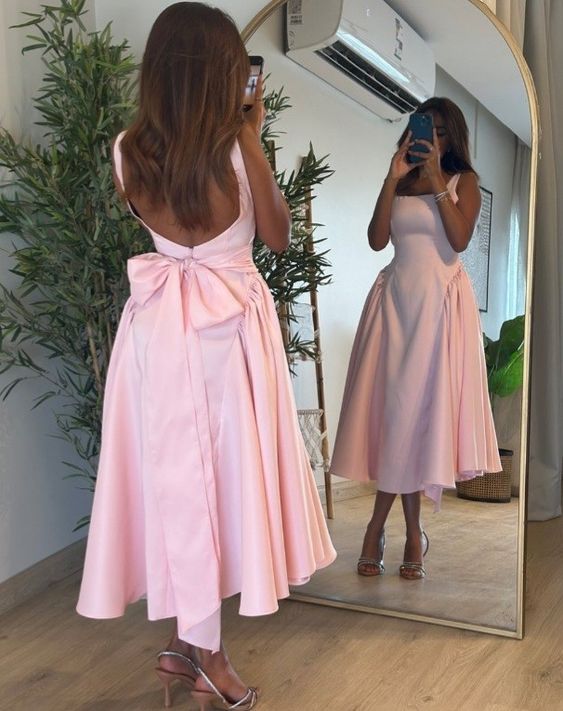 Pink Mid Length Prom Dress Pink Evening Gown - Fashionpara