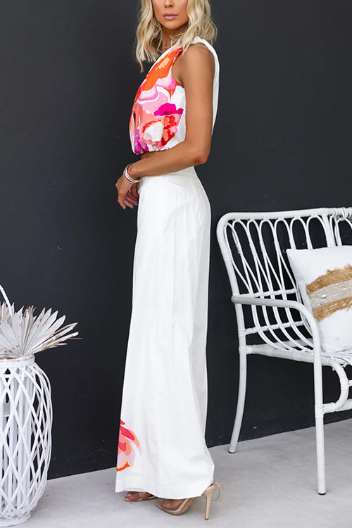 One Shoulder Sleeveless Crop Top Wide Leg Pants Printed Set - Fashionpara