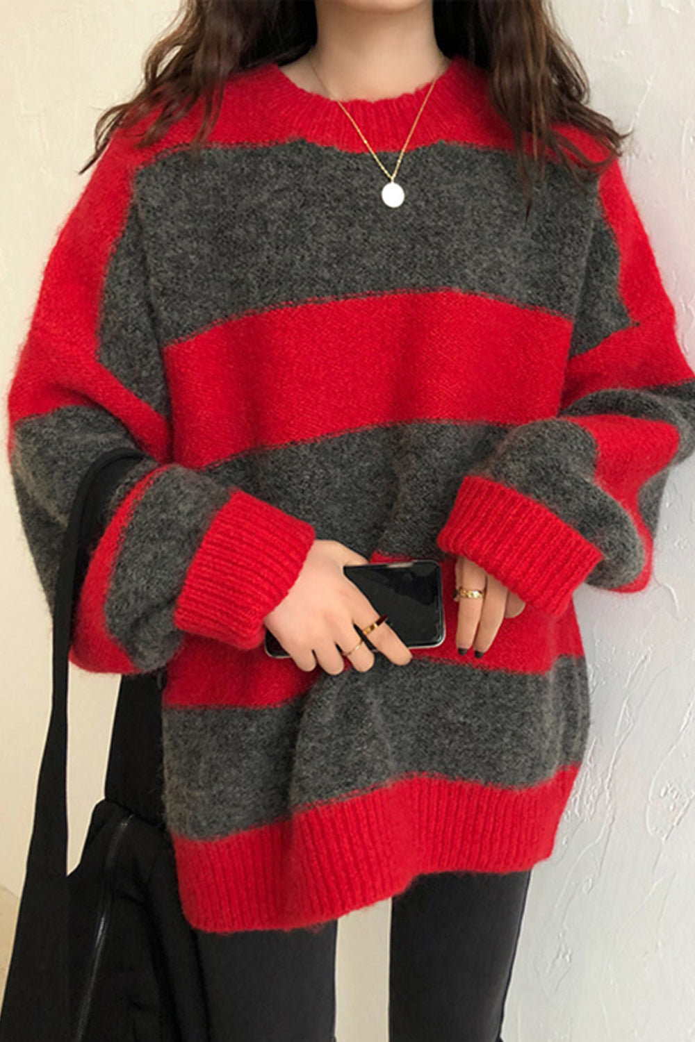 KittenAlarm - Long Sleeve O-Neck Knitted Striped Sweater
