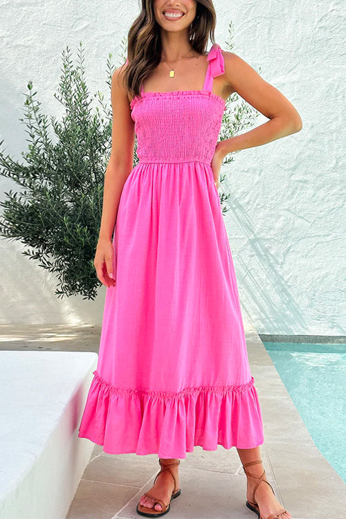 Wide Straps Bow Shoulder Smocked Ruffle Maxi Dress - Fashionpara