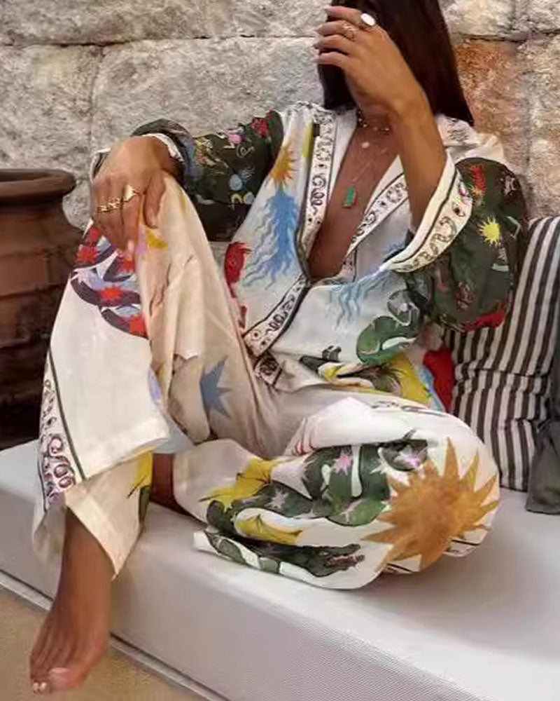 Fashion Print Macaroon Linen Long Sleeve Shirt Suit - Fashionpara
