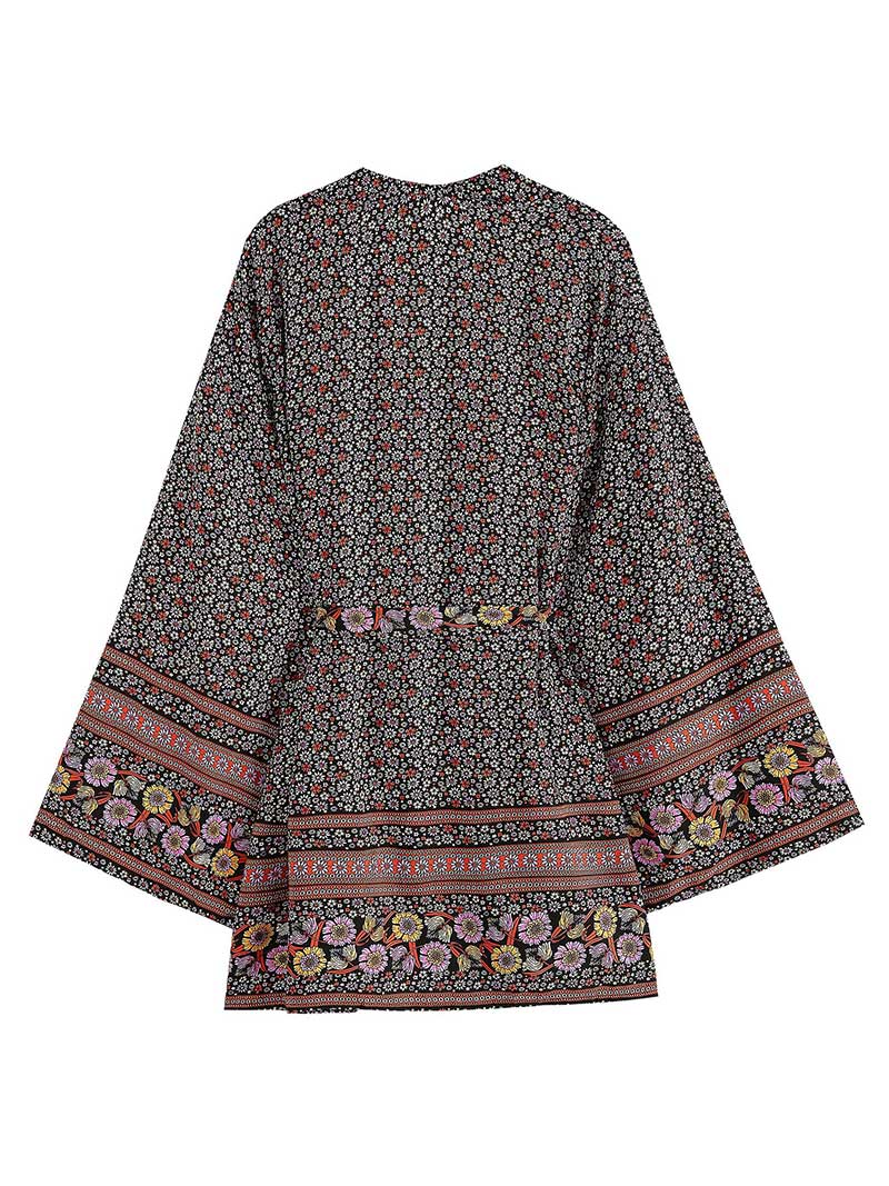 Party Wear Floral Print Black Color Cotton Short Length Gown Robe Kimono 2