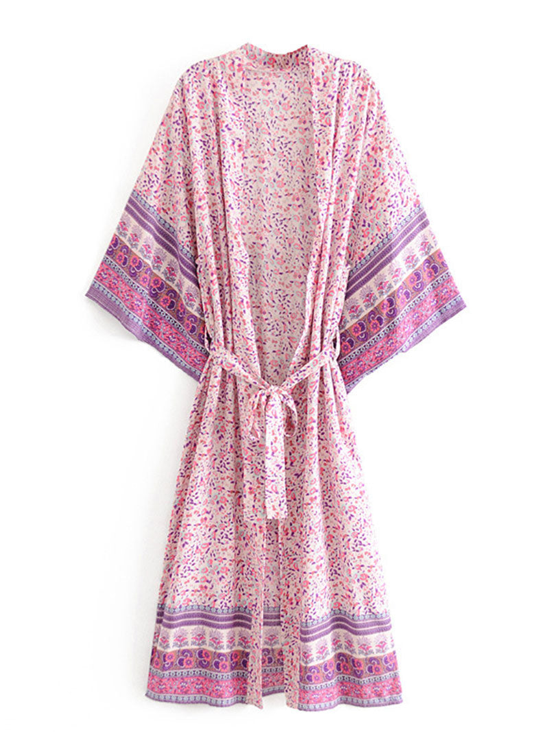 Beachwear Floral Print Pink & Blue Color Cotton Long Length Gown Kimono Duster Robe 2