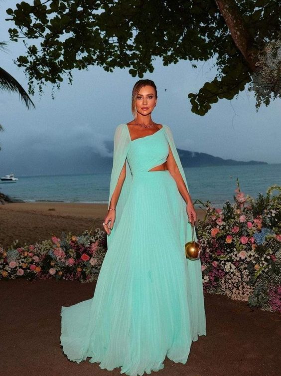 Party Dresses Elegant Mint Green Chiffon Prom Dress A-Line Long Cape Sleeves Floor Length Formal Evening Gowns - Fashionpara