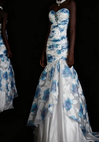 Elegant Sweetheart Neck Blue Tulle Print Floral Mermaid Long Prom Dresses Birthday Party Dress D1516