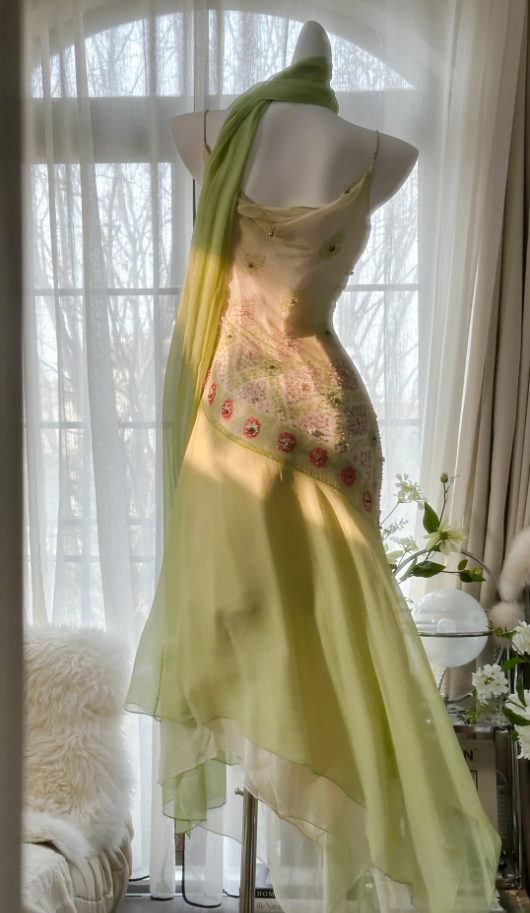 Classy Spaghetti Straps Light Green Chiffon Beaded Mermaid Long Party Dress Evening Gown D1790
