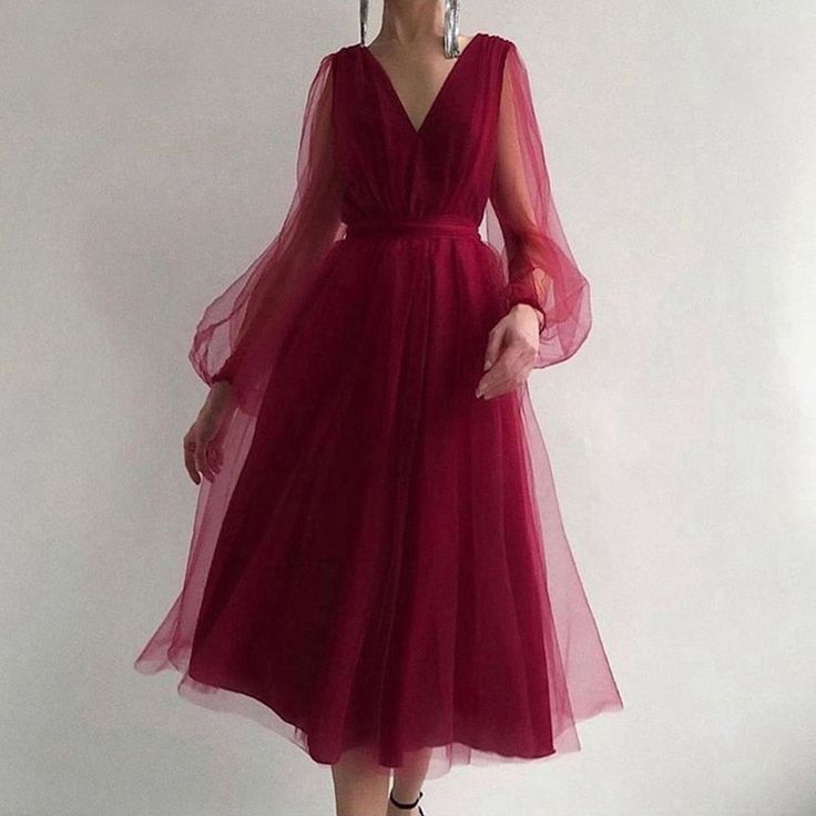Graduation dress Short A Line Prom Dresses V Neck Long Puff Sleeve Tulle Formal Wedding Evening Party Dresses For Graduation