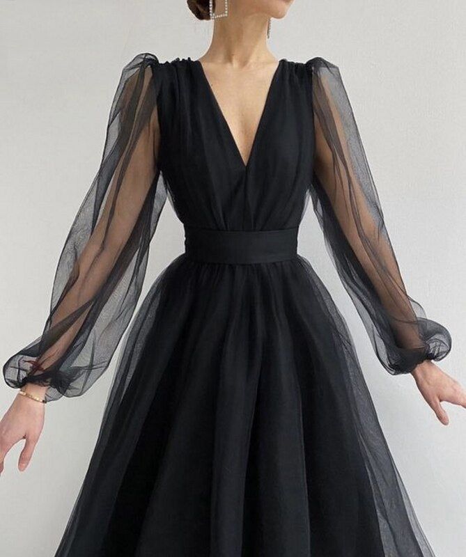 Graduation dress Short A Line Prom Dresses V Neck Long Puff Sleeve Tulle Formal Wedding Evening Party Dresses For Graduation