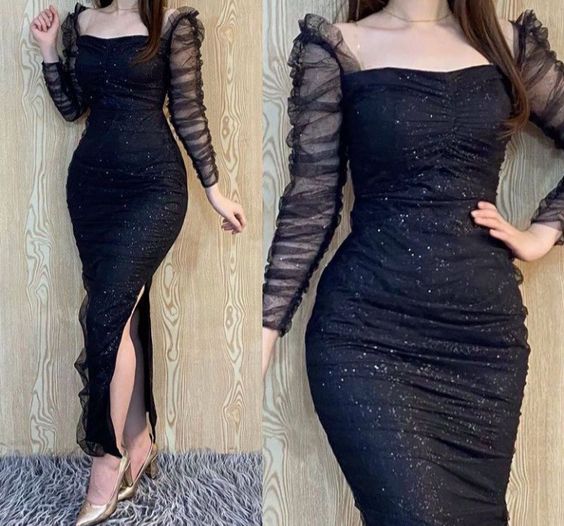 Sexy Sheath Black Off Shoulder Shinny Prom Party Dresses - Fashionpara