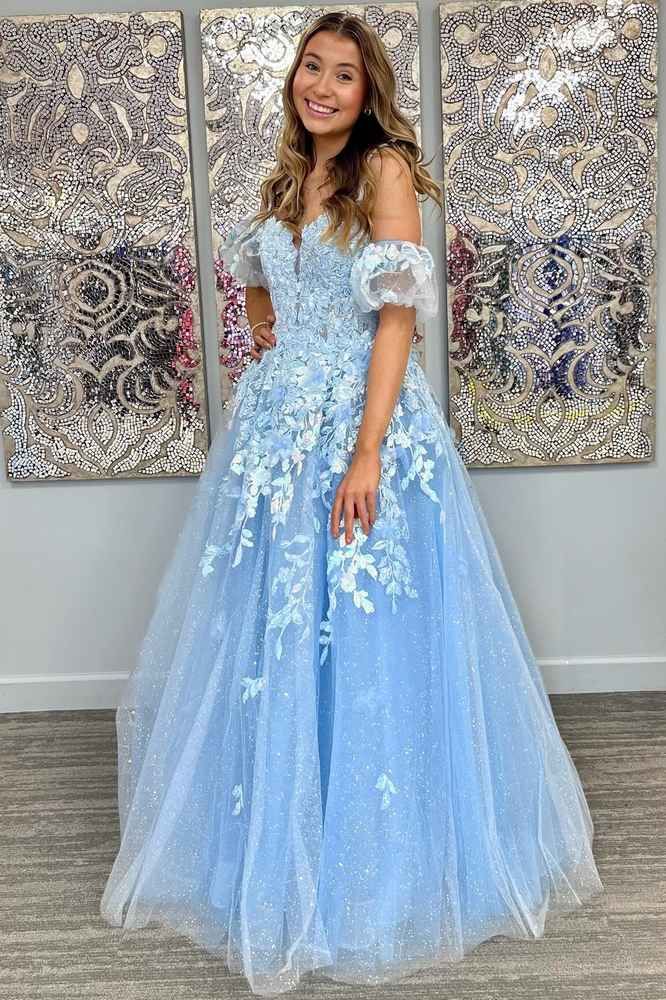 A-Line Appliques Plunge V Long Prom Dress with Detachable Sleeves - Fashionpara