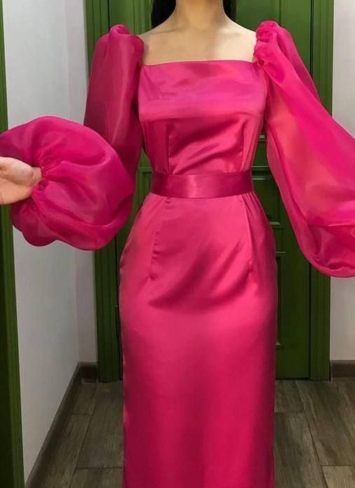 Women's Square Neckline Evening Dresses Long Sleeve Tulle Prom Party Dress - Fashionpara