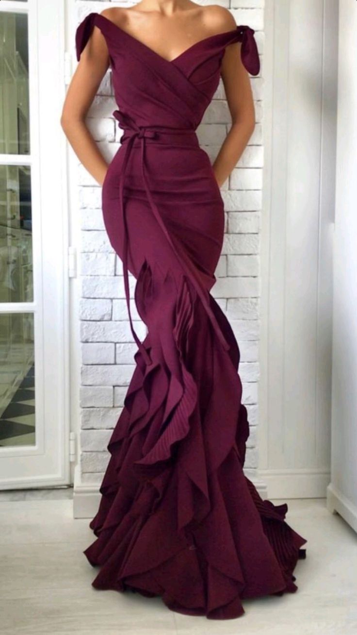 V-Neck Off Shoulder Evening Gown with Elegant Bow Tie at Waist - Fashionpara