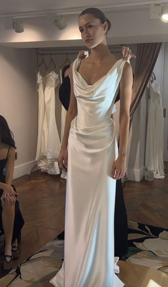 Sexy Sheath Off The Shoulder Satin Long Wedding Dresses