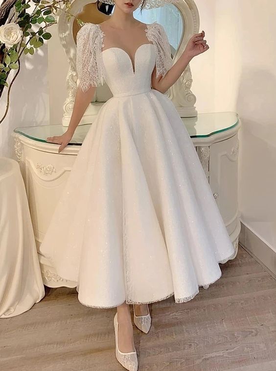 A-line Tea Length Lace Wedding Dresses With Short Sleeves