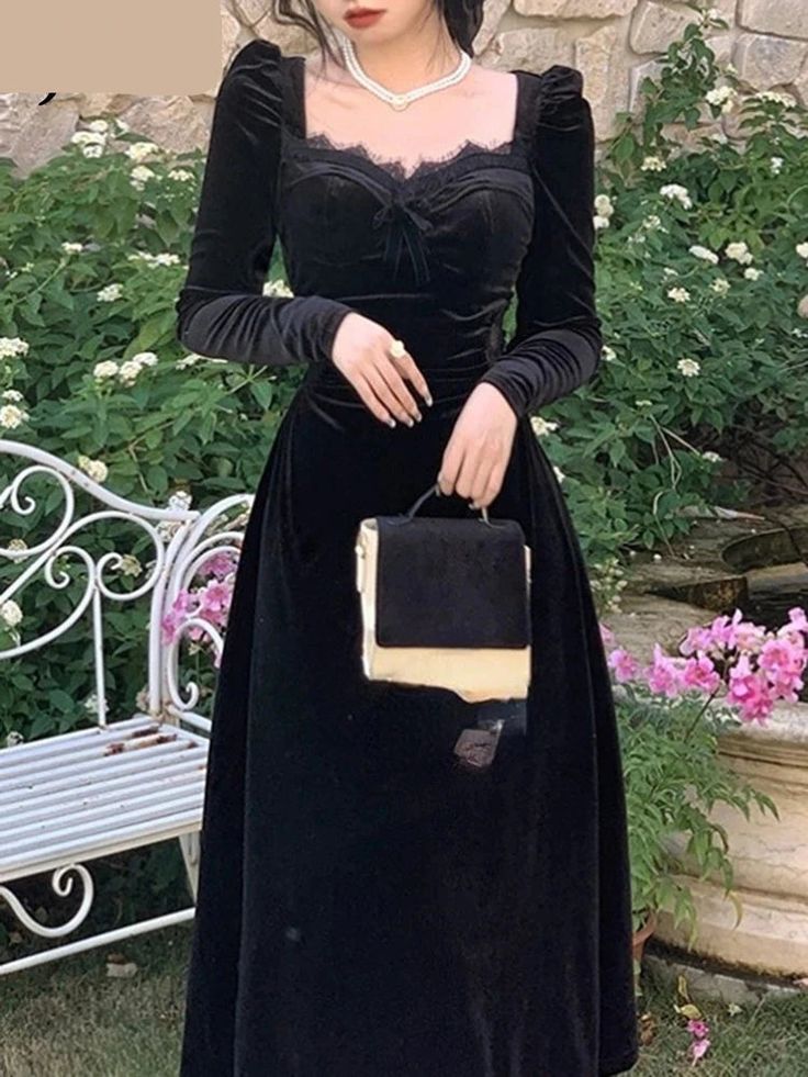 Vintage Balck Long Sleeve Dress Woman Elegant Fashion Velvet Midi Dress - Fashionpara