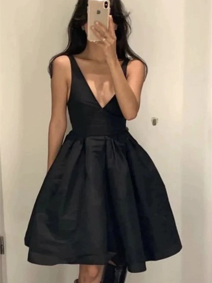 V Neck Black Backless Satin Short Prom Dresses, Open Back V Neck Short Black Formal Evening Homecoming Graduation Dresses - Fashionpara