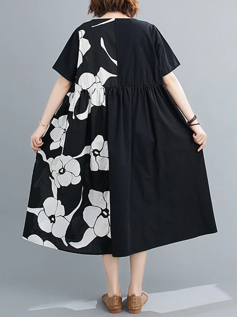 Floral Print Round Neck Short Sleeve Pleated Midi Dress 2