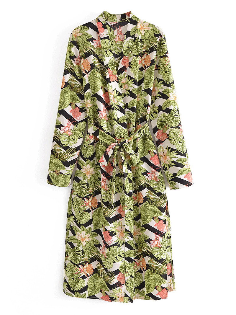 Printed Green Color Polyester Long Length Gown Kimono Duster Robe - Fashionpara