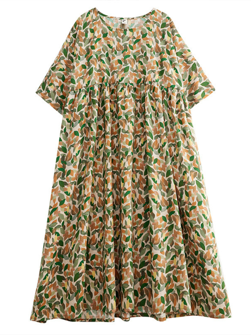 Leaf Print Round Neck Pleated Smock Midi Dress 2