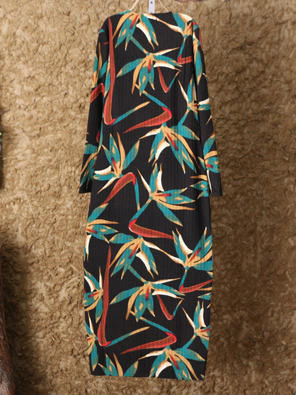 Tropical Leaf Print V-Neck Long Sleeve Shift Maxi Dress 2