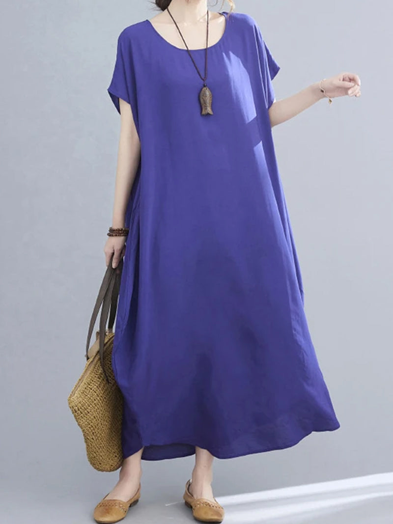 Cotton Round Neck Short Sleeve Cocoon Midi Dress 9