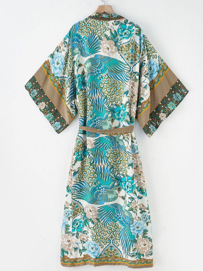 Beachwear Cotton Long Length Floral With Birds Print Blue, White & Green Color Gown Kimono Duster Robe - Fashionpara