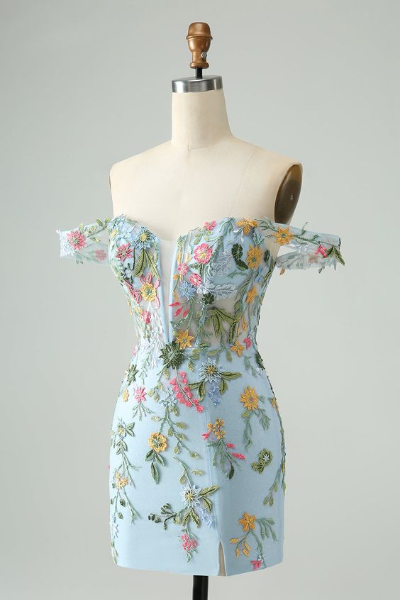 Blue Floral of the Shoulder Corset Short Homecoming Dress with Embroidery - Fashionpara