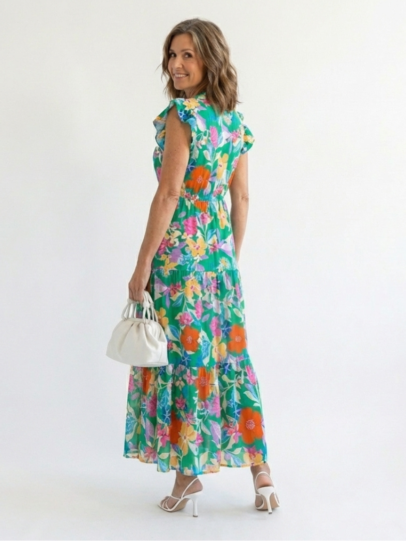 Floral Ruffle Sleeve Split Neck Tiered Maxi Dress 3