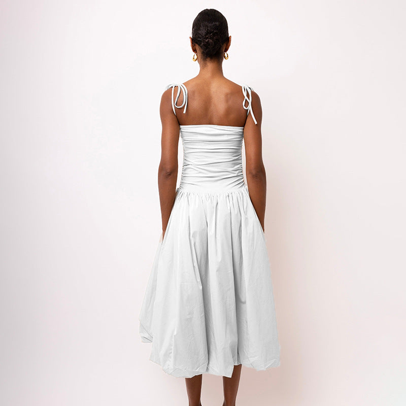 Tie-Strap Ruched Drop-Waist Bubble-Hem Midi Dress 2