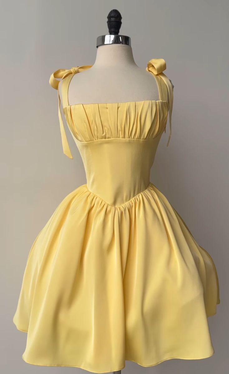 A Line Homecoming Dresses Yellow Bow Strap Prom Cocktail Party Gown - Fashionpara