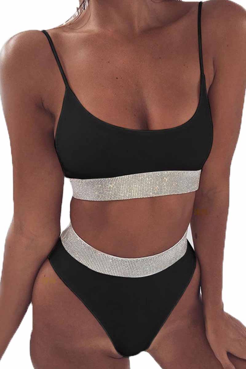 High Waist Solid Color Sequin Bikini
