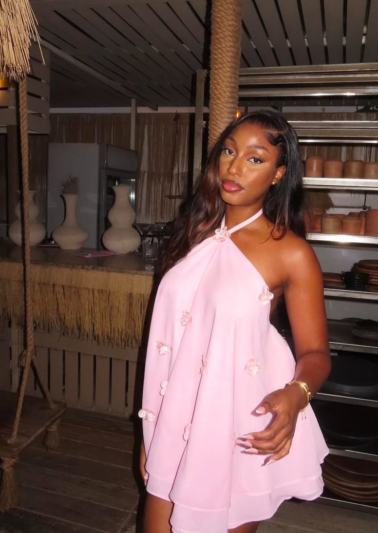 Pink Asymmetrical 3D Flower Halter Mini Dress, Elegant Summer Women's Party Dress - Fashionpara