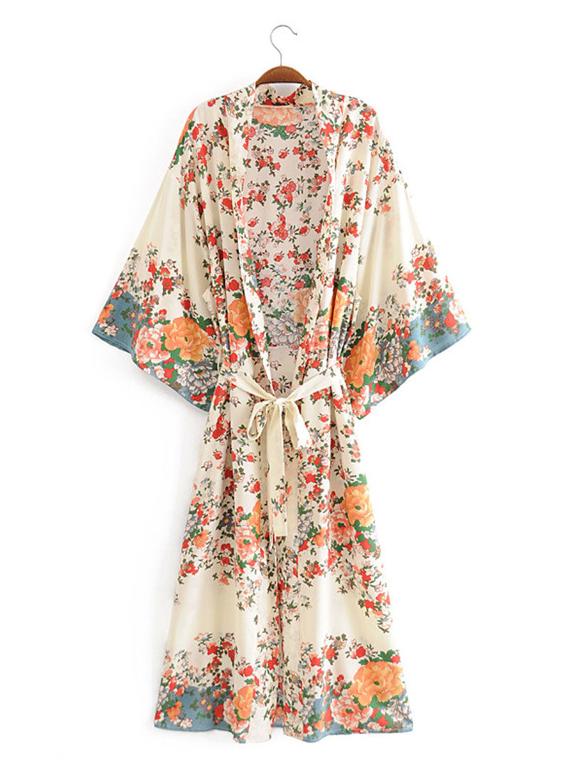 Beachwear Kimono Floral Bohemian Print Beige Color Cotton Long Length Gown Kimono Duster Robe - Fashionpara