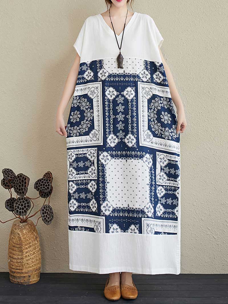 Printed White Short Sleeves Kaftan Dress 4