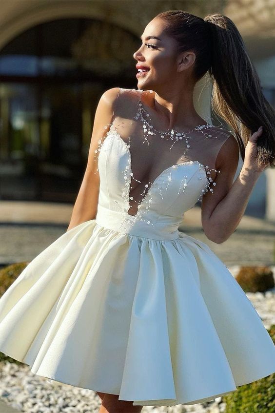 New Mini Homecoming Dress Transparent Tulle Jewel Sweetheart Satin Graduation Dresses - Fashionpara