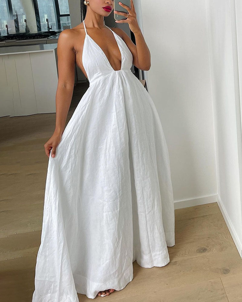 Deep V-neck lace-up cotton and linen dress - Fashionpara