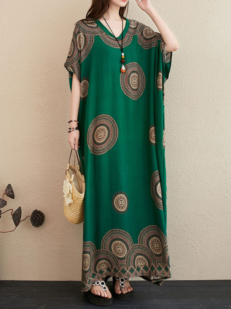 Medallion Print V-Neck Short Sleeve Loose Kaftan Maxi Dress 3