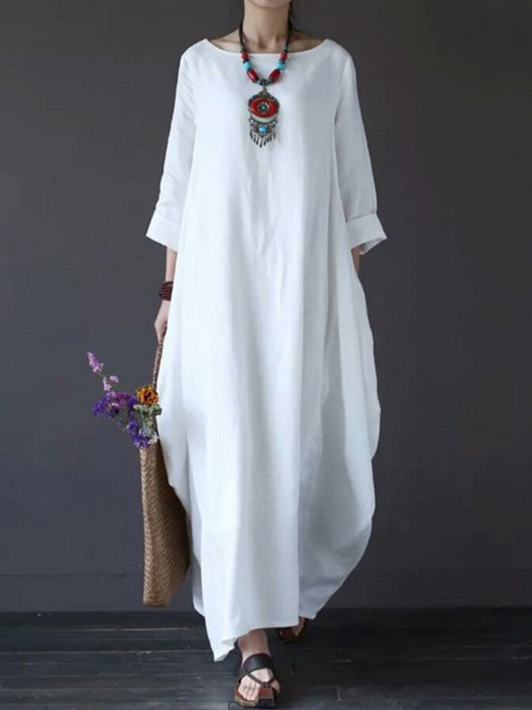 Linen Round Neck Long Sleeve Lantern Maxi Dress
