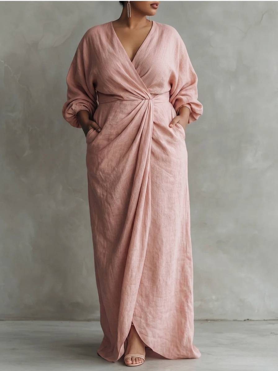 Deep V-Neck Batwing Sleeve Twist Front Draped Maxi Gown 2