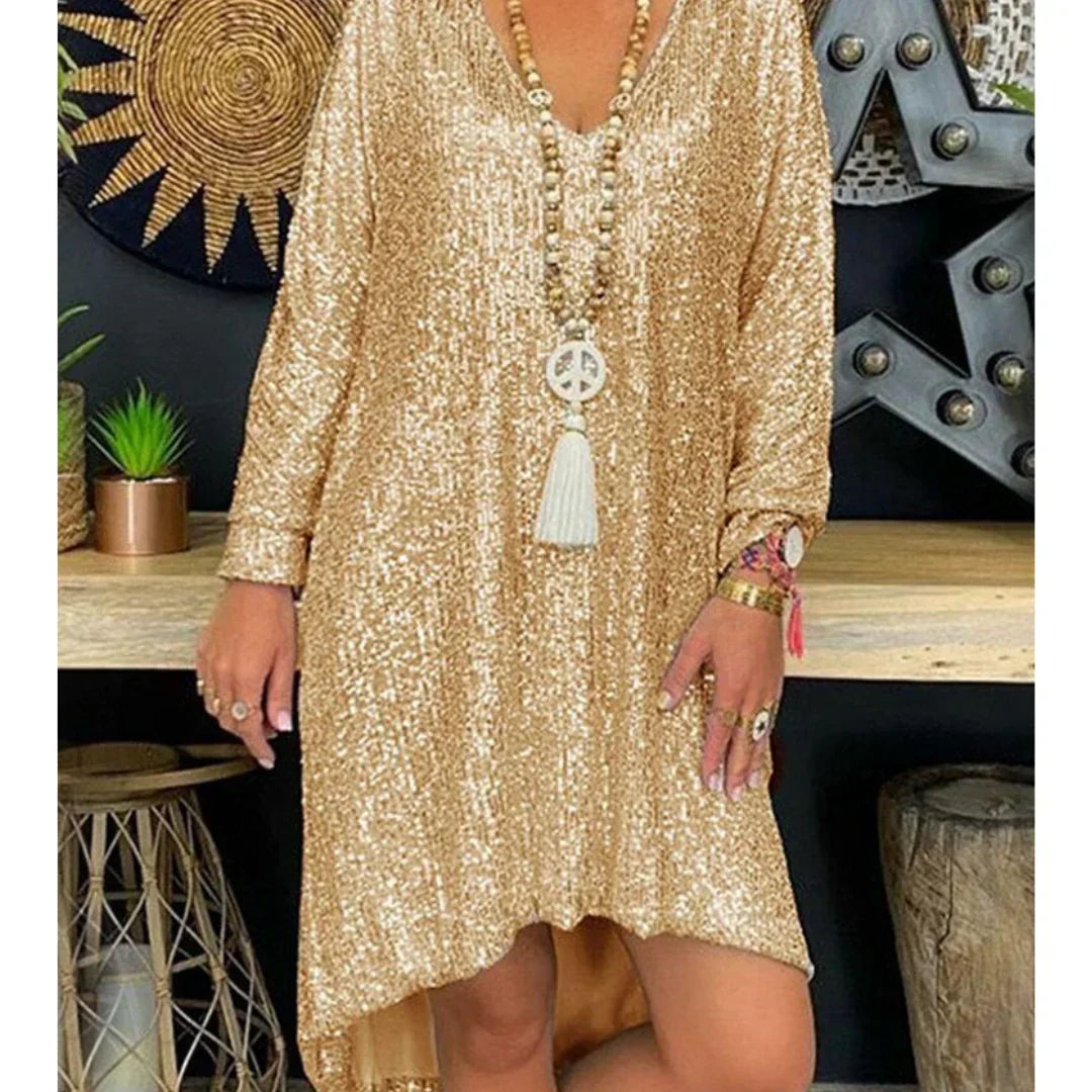 Sequin Deep V-Neck Long Sleeve Shift Mini Dress - View 2