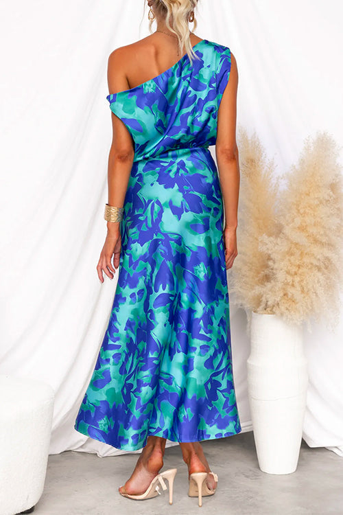 One Shoulder Tie Waist Slit Floral Print Maxi Dress - Fashionpara