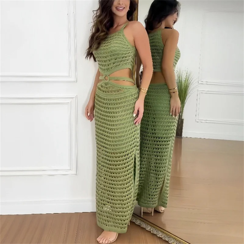 Crochet Knit One Shoulder Ring Waist Cut Out Side Slit Maxi Dress