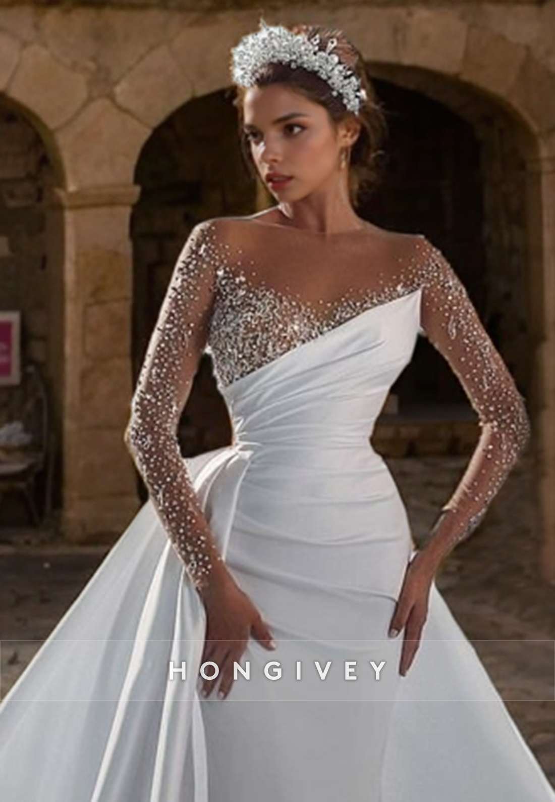 Illusion Cutout Rhinestone Beaded Sparkly With Train Wedding Dress