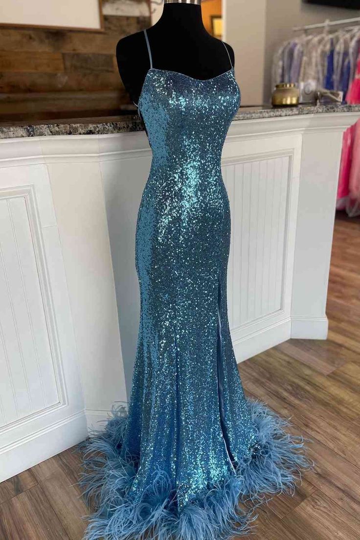 Long Sequined Straps Prom Dress with Feather Hem - Fashionpara
