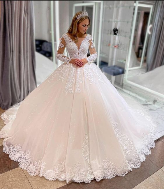 Classy Long Princess Appliques Lace Tulle Wedding Dress with Sleeves
