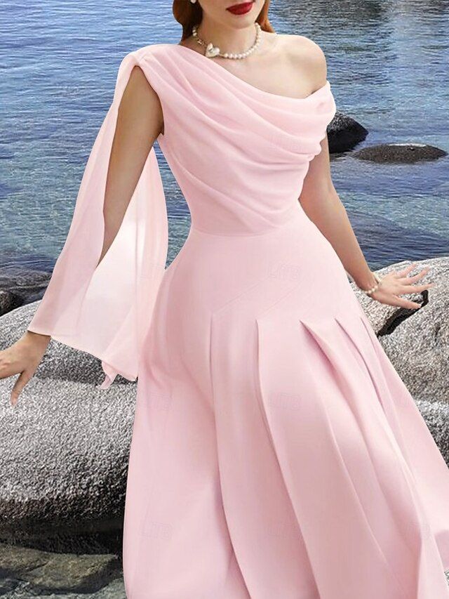 A-Line Cocktail Dresses Elegant Dress Wedding Guest Tea Length Sleeveless Cowl Neck Chiffon Prom Party Dress