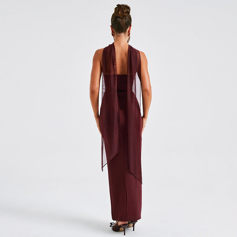 Hudson Maxi Dress With Stole And Gloves - Maroon