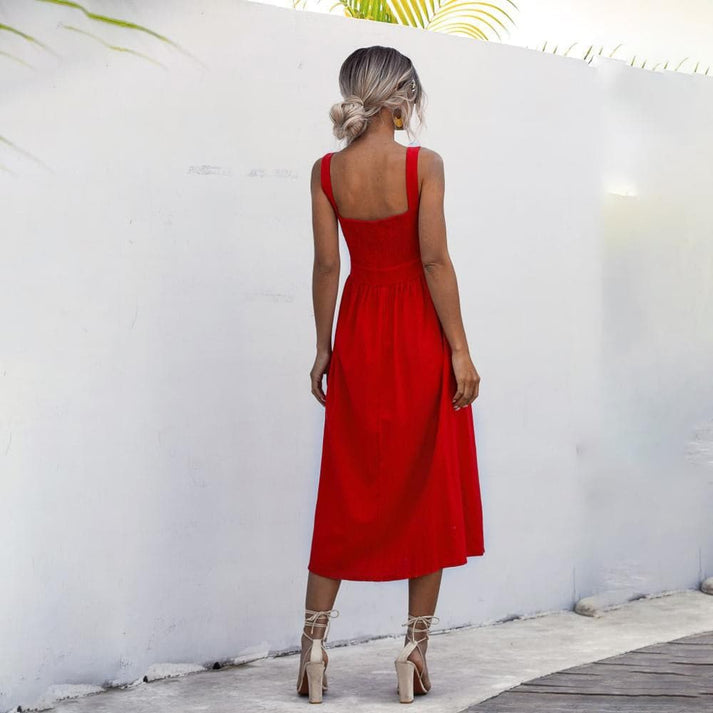 Sleeveless Square Neck Smocked Back A-Line Midi Summer Dress