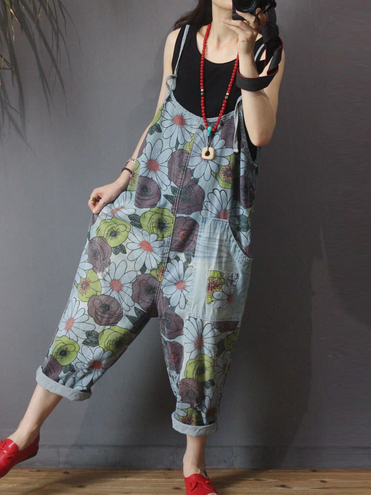 Beautiful in Eyes Floral Print Denim Overall Dungaree - Fashionpara